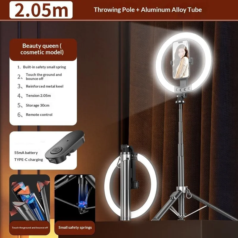 P61Q Live Streaming Selfie Stick Tripod Lamp 10 Inch Ring Light with Remote for Photography / Video Recording - Black