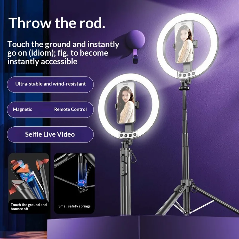 P61Q Live Streaming Selfie Stick Tripod Lamp 10 Inch Ring Light with Remote for Photography / Video Recording - Black