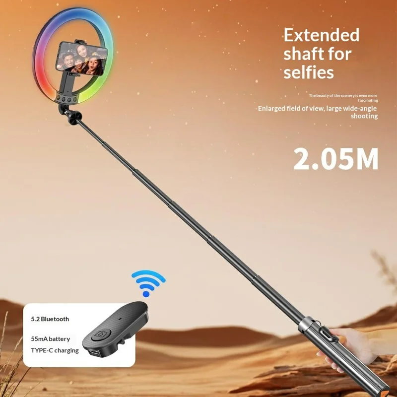 P61RGB Selfie Ring Light med stativ til telefon, udstyr til livesending og belysning med fjernbetjening - Sort