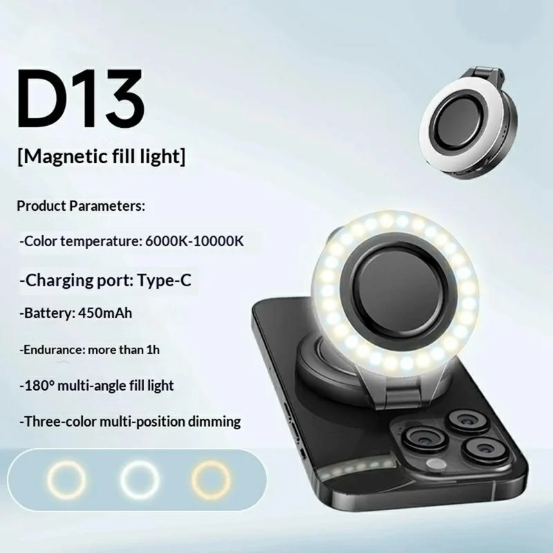 D13 Magnetic Ring Light for Phone Photography 180° Rotating Portable LED Fill Light with 3 Color Modes - Black