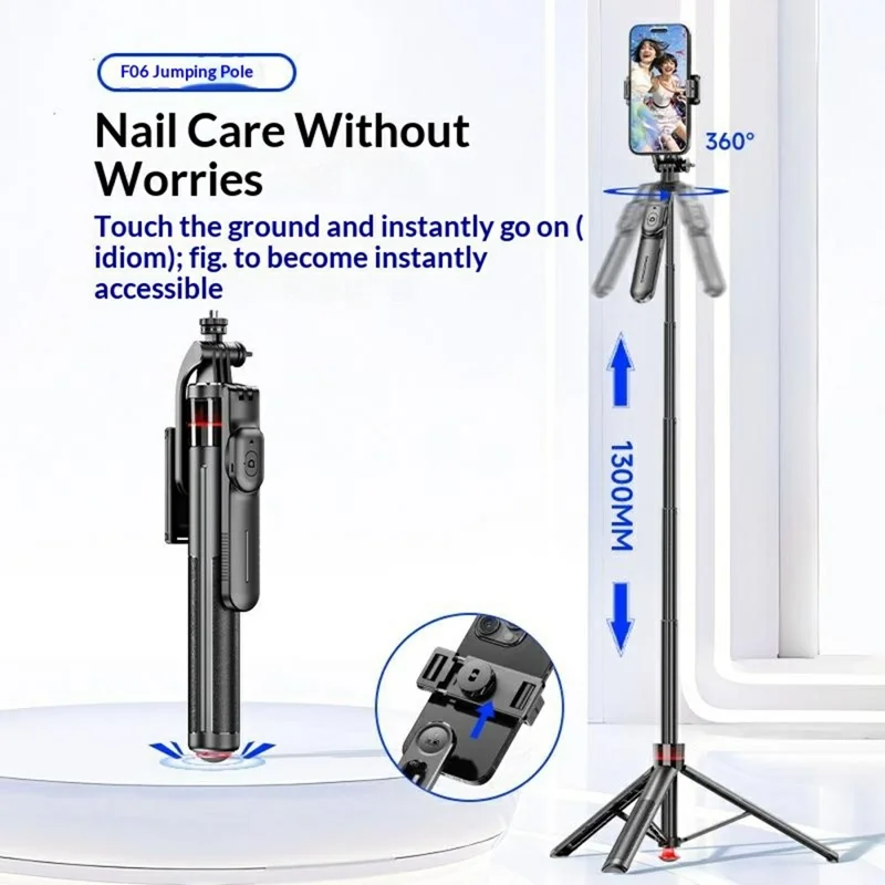 F06 One-Touch Deploy Selfie-Stick Stativ 1300 mm verlängerbares automatisches Stativ für Reisen, Vlogging – Schwarz