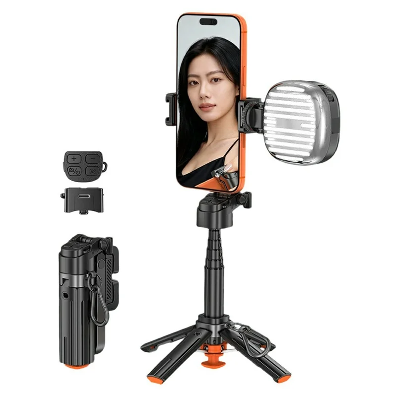 T13Y Bluetooth-kompatibles Selfie-Stick-Stativ mit RGB-Fülllicht, automatischer Öffnung, Handy-Griffhalter – Schwarz