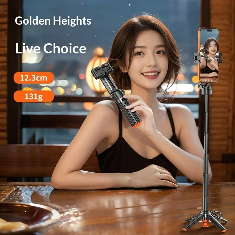 T13Y Bluetooth-kompatibles Selfie-Stick-Stativ mit RGB-Fülllicht, automatischer Öffnung, Handy-Griffhalter – Schwarz