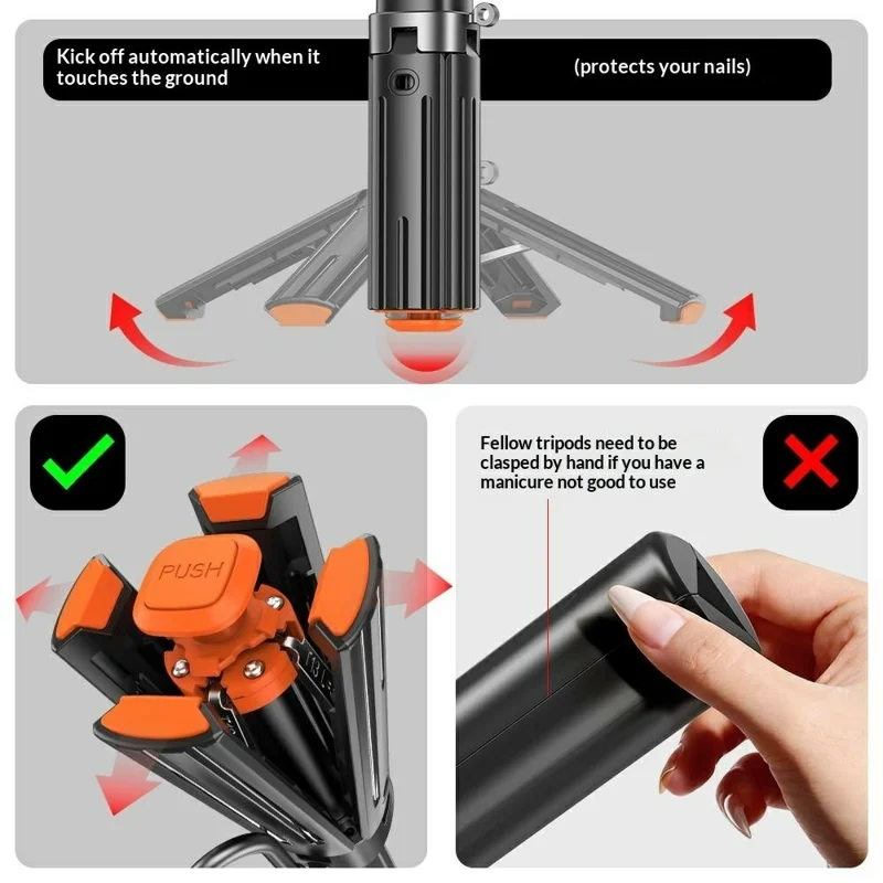 T13Y Bluetooth-kompatibles Selfie-Stick-Stativ mit RGB-Fülllicht, automatischer Öffnung, Handy-Griffhalter – Schwarz