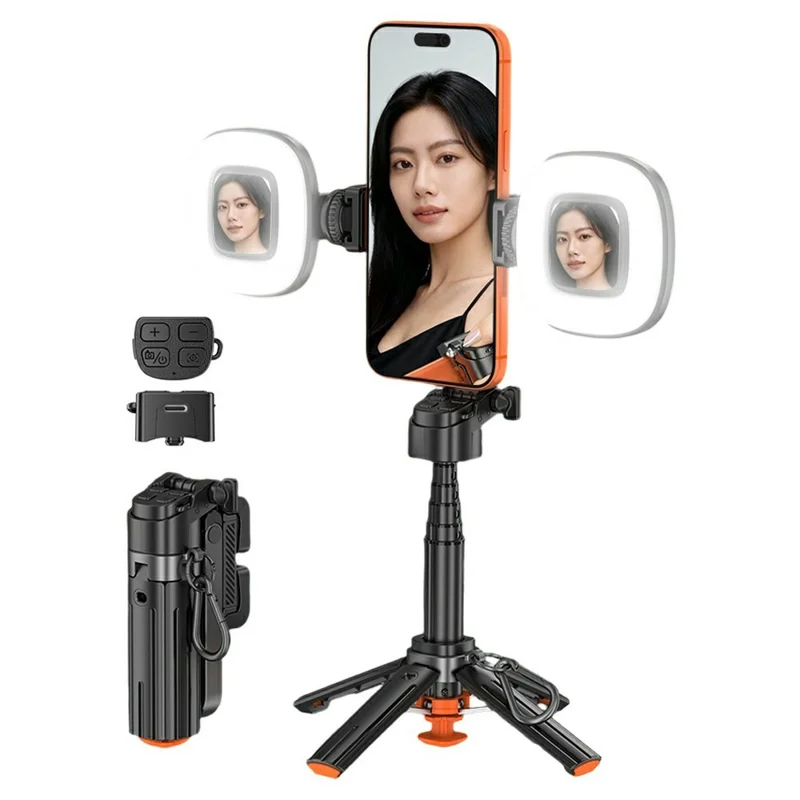 T13Y Monopode selfie Bluetooth avec poignée de téléphone et double lumière de remplissage carrée - Noir