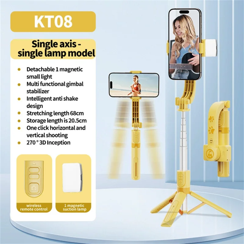 KT08 Phone Gimbal Stabilizer with Single Magnetic Fill Light Bluetooth-compatible Remote Control Anti-shake Tripod Selfie Stick