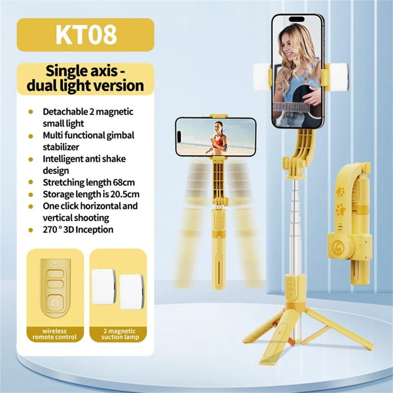 KT08 Phone Gimbal Stabilizer with 2Pcs Magnetic Fill Light Bluetooth-compatible Remote Control Anti-shake Tripod Selfie Stick
