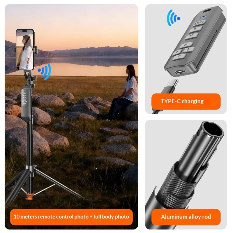 T02TK 360 Degrees Rotation Selfie Stick Tripod with 2Pcs Detachable Beauty Lights Bluetooth-compatible Remote Control Phone Tripod Stand - Black