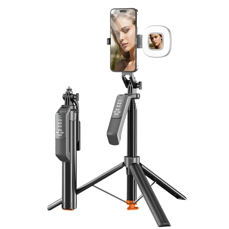 T02TK Selfie Stick Tripod with Single Removable Rotating Square Light 360 Degrees Rotation Remote Control Phone Tripod Stand