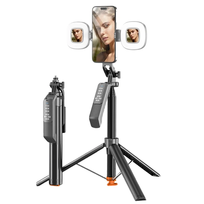 T02TK Multi-axis Rotation Selfie Stick Tripod with 2Pcs Removable Rotating Square Lights Bluetooth-compatible 5.2 Remote Control Touch Phone Tripod Stand 