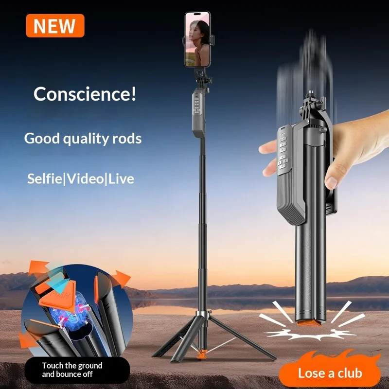 T02TK Multi-axis Rotation Selfie Stick Tripod with 2Pcs Removable Rotating Square Lights Bluetooth-compatible 5.2 Remote Control Touch Phone Tripod Stand 