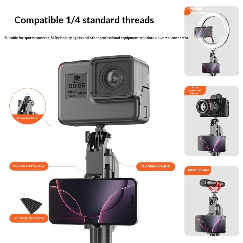 T02TK Multi-axis Rotation Selfie Stick Tripod with 2Pcs Removable Rotating Square Lights Bluetooth-compatible 5.2 Remote Control Touch Phone Tripod Stand 