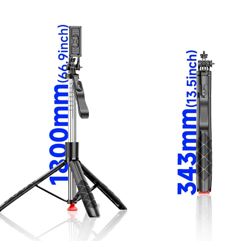 L15-TT 1.8m Auto Pop Open Tripod Selfie Stick Remote Control Bluetooth-compatible Stainless Steel Adjustable Stand for Photography - Black