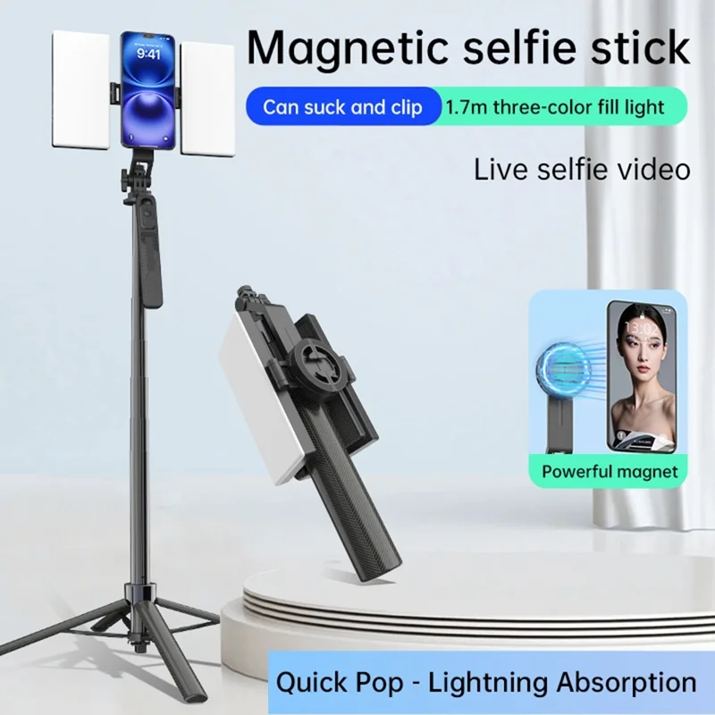 K06 Magnetic Selfie Stick with 2Pcs Fill Lights Bluetooth-compatible Tripod Stand Extendable Phone Holder for Photography