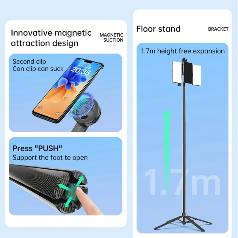 K06 Magnetic Selfie Stick with 2Pcs Fill Lights Bluetooth-compatible Tripod Stand Extendable Phone Holder for Photography