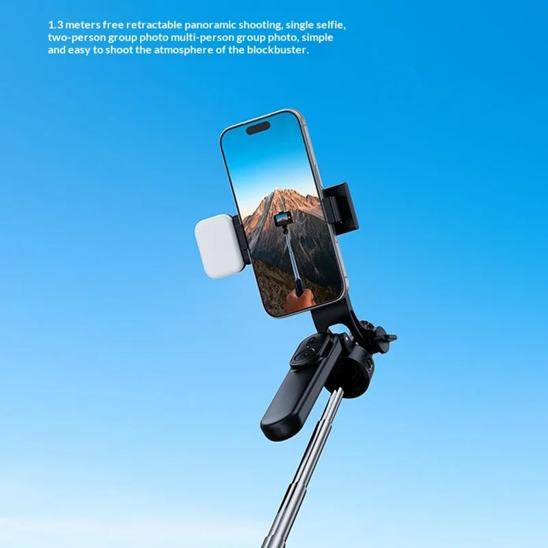 X2 Bluetooth-compatible Selfie Stick Tripod with Remote Control & Single Fill Light 1.3m Extendable 4-Axis Stabilization Phone Holder for Live Streaming - Black