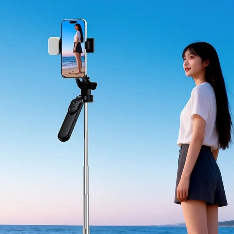X2 Bluetooth-compatible Selfie Stick Tripod with Remote Control & Single Fill Light 1.3m Extendable 4-Axis Stabilization Phone Holder for Live Streaming - Black
