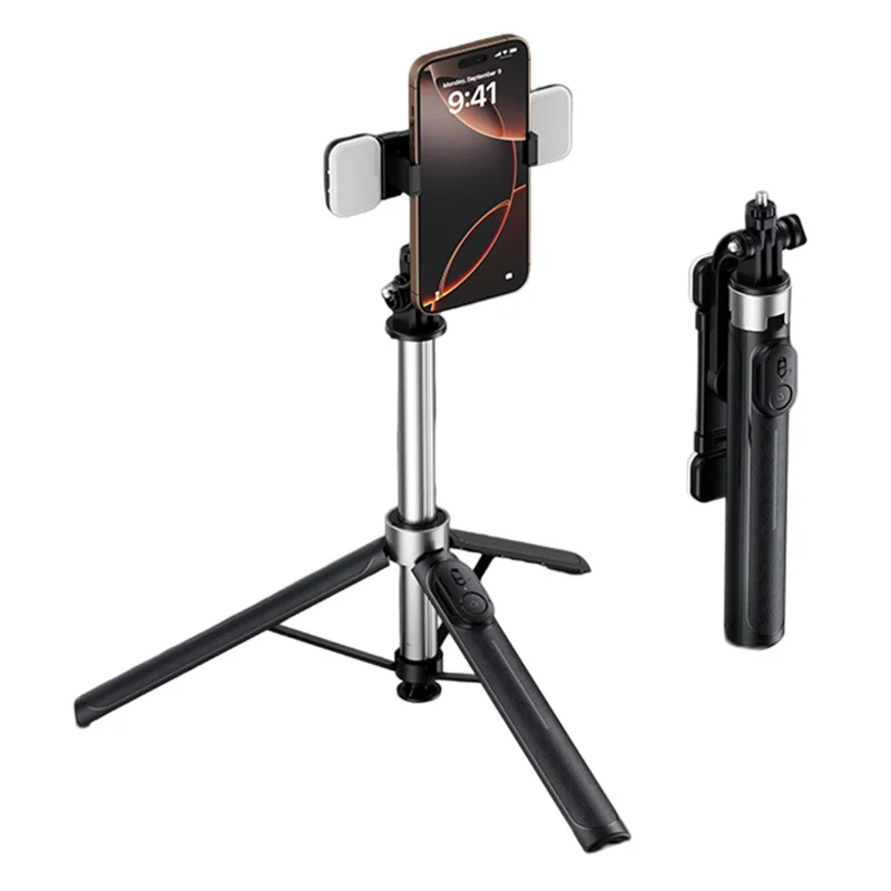 X2 Bluetooth-compatible Selfie Stick Tripod with Remote Control & 2Pcs Fill Lights 1.3m Extendable 4-Axis Stabilization Phone Holder for Live Streaming - Black