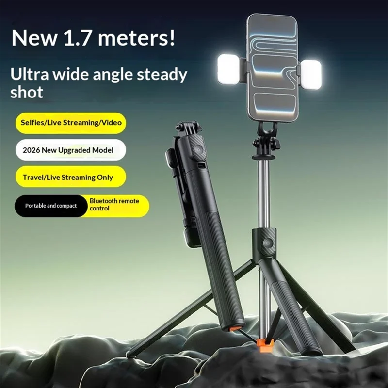 X5SE Selfie-Stick Stativ mit 2 Stk. Ausgleichslicht 1,7 m Verlängerung Bluetooth-fähige Fernbedienung Tragbarer Live-Streaming-Handyhalter – Schwarz