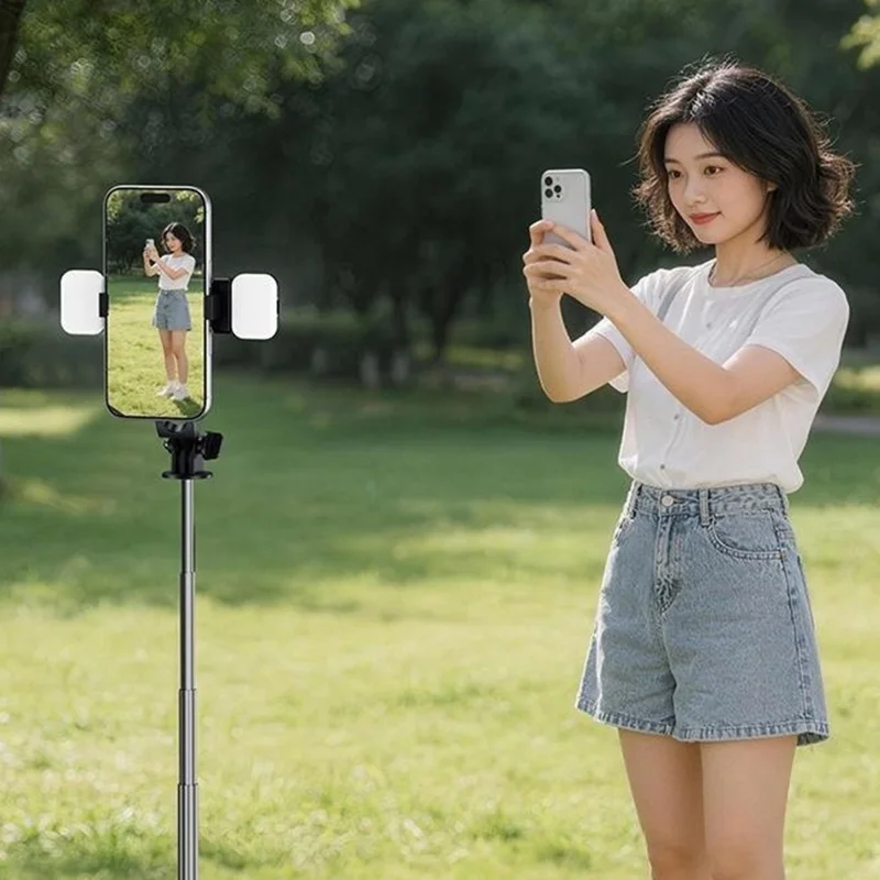 X5SE Selfie-Stick Stativ mit 2 Stk. Ausgleichslicht 1,7 m Verlängerung Bluetooth-fähige Fernbedienung Tragbarer Live-Streaming-Handyhalter – Schwarz