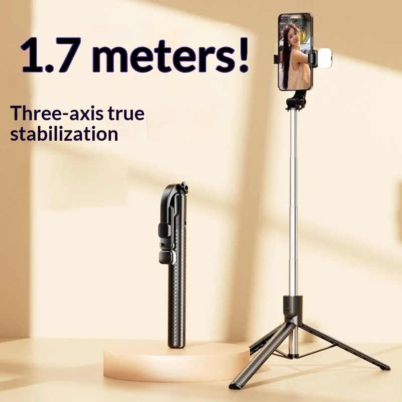 S6 Bluetooth-compatible Selfie Stick 3-Axis Stabilization 1.7m Extendable Tripod Phone Holder with Remote Control for Photography Live Streaming - Black