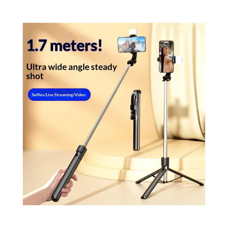 S6 Bluetooth-compatible Remote Control Selfie Stick with LED Fill Light 3-Axis Stabilization 1.7m Extendable Tripod Phone Holder with for Photography Live Streaming - Black