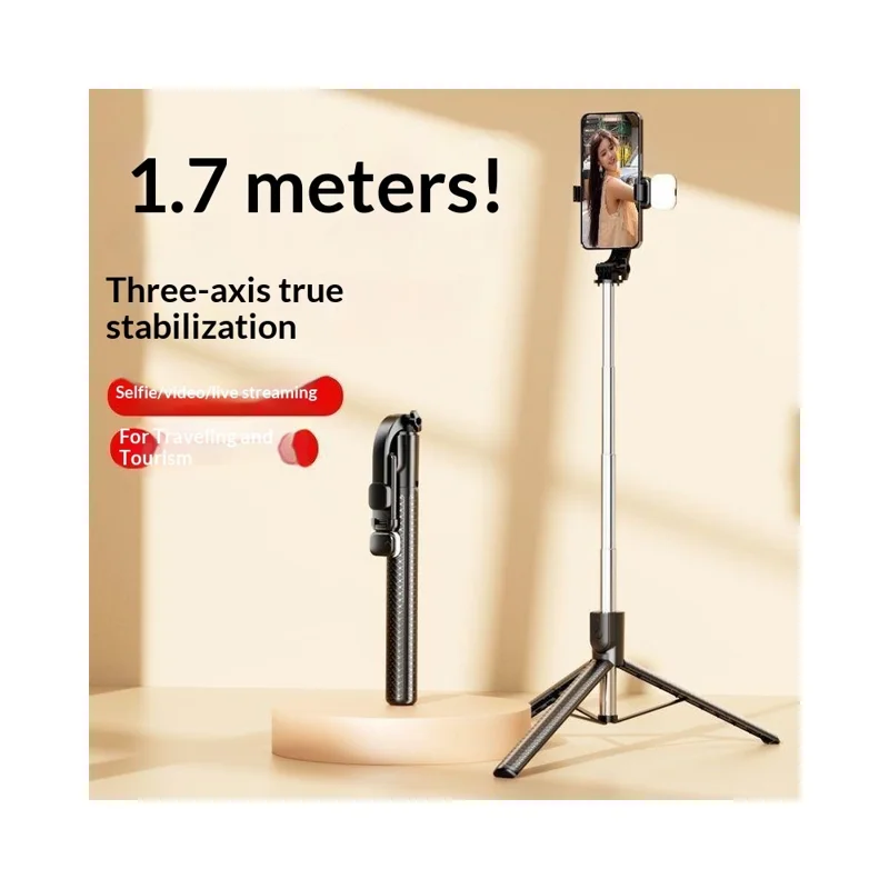S6 Bluetooth-compatible Remote Control Selfie Stick with LED Fill Light 3-Axis Stabilization 1.7m Extendable Tripod Phone Holder with for Photography Live Streaming - Black