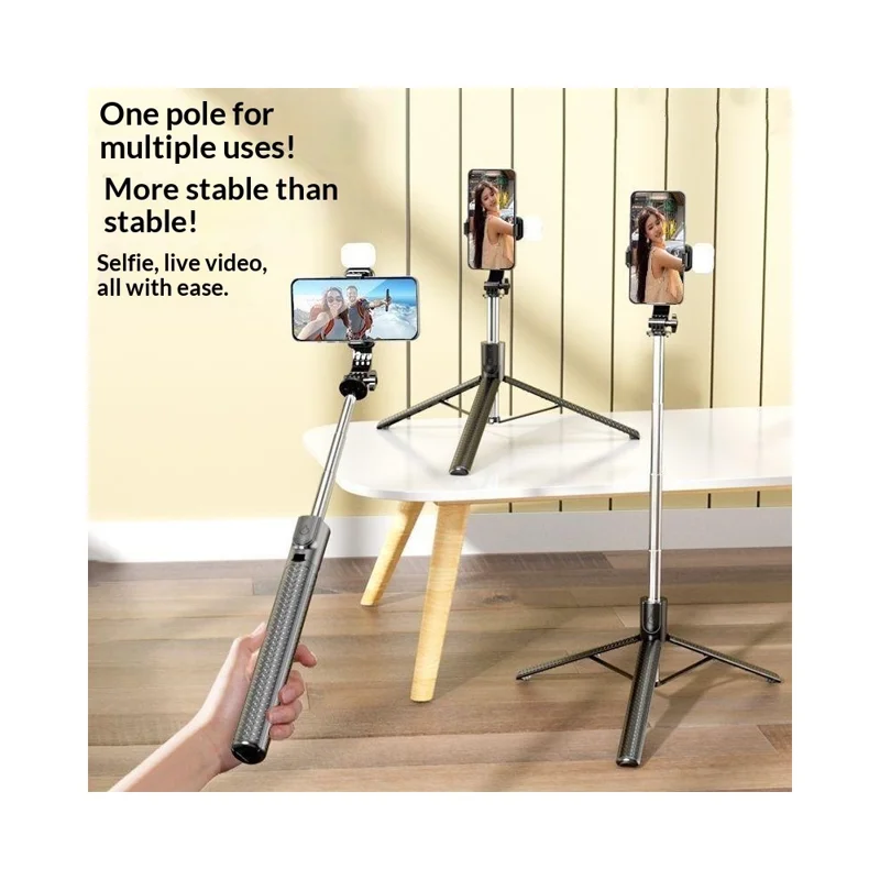 S6 Bluetooth-compatible Remote Control Selfie Stick with LED Fill Light 3-Axis Stabilization 1.7m Extendable Tripod Phone Holder with for Photography Live Streaming - Black