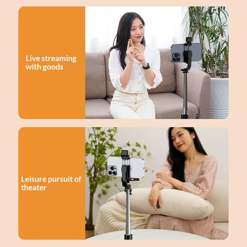 S6 Bluetooth-compatible Remote Control Selfie Stick with LED Fill Light 3-Axis Stabilization 1.7m Extendable Tripod Phone Holder with for Photography Live Streaming - Black
