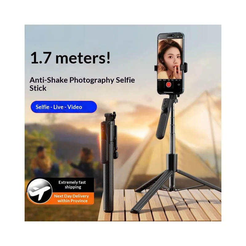 S7 Portable Bluetooth-compatible Remote Control Selfie Stick 1.7m Extendable Tripod Stand 4-Axis Anti-Shake Gimbal Phone Holder for Live Streaming Photography - Black