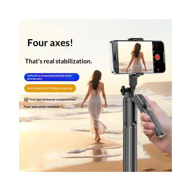 S7 Portable Bluetooth-compatible Remote Control Selfie Stick 1.7m Extendable Tripod Stand 4-Axis Anti-Shake Gimbal Phone Holder for Live Streaming Photography - Black