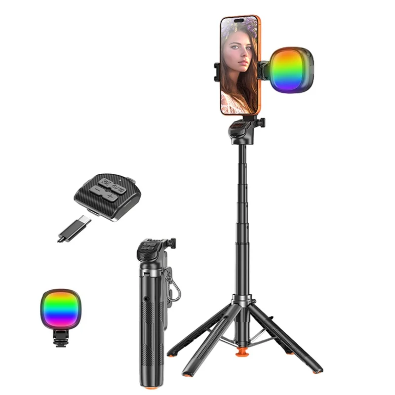 T35 Tripé Automático Extensível com Suporte de Telemóvel Anti-Vibração e Luz de Preenchimento RGB, Vara de Selfie com Bluetooth - Preto