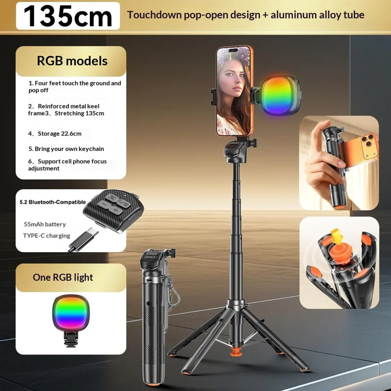 T35 Tripé Automático Extensível com Suporte de Telemóvel Anti-Vibração e Luz de Preenchimento RGB, Vara de Selfie com Bluetooth - Preto