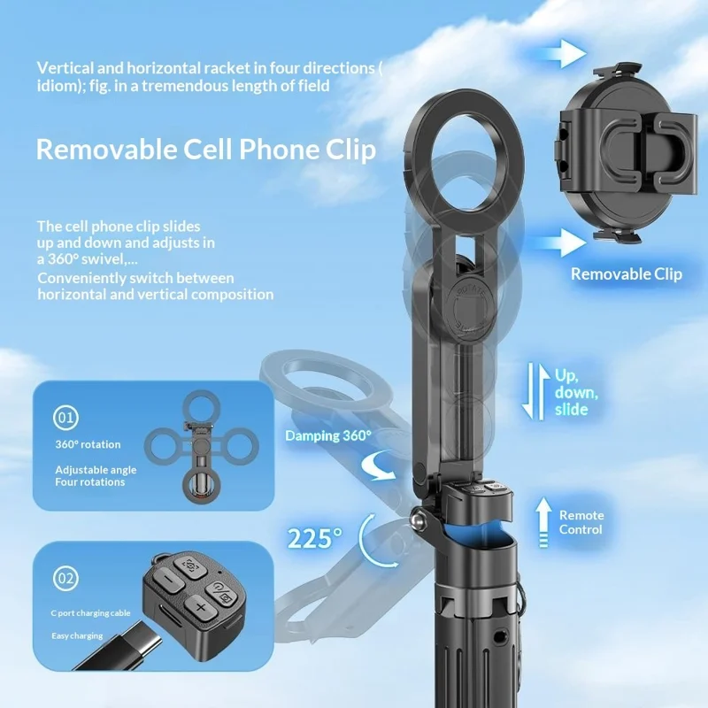 T13Y-C Magnetic Phone Holder Auto Pop-Up Tripod Extendable Selfie Stick with Bluetooth-compatible Remote for Photography - Black