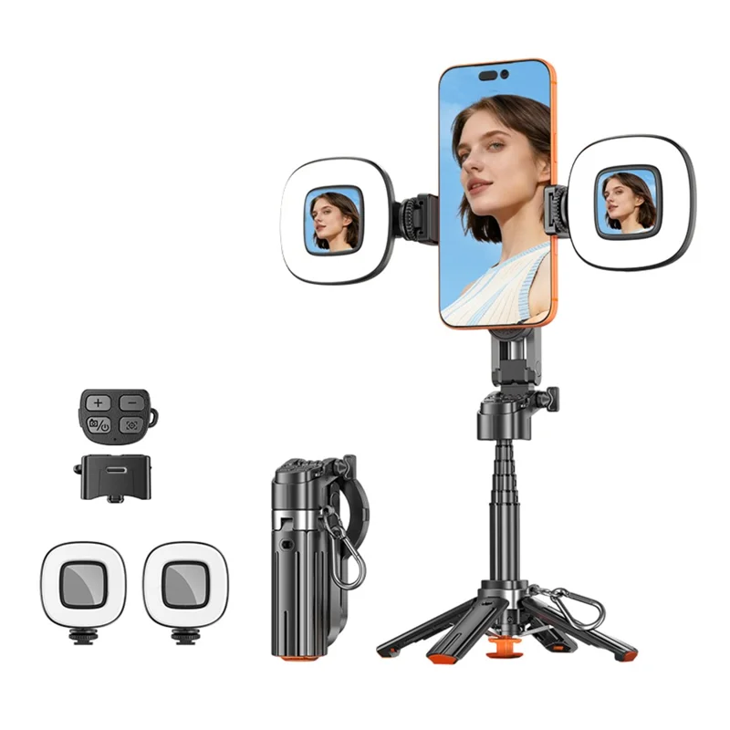 T13Y-C Extendable Selfie Stick with 2Pcs Square Fill Light Magnetic Phone Holder Auto Pop-Up Tripod for Photography - Black