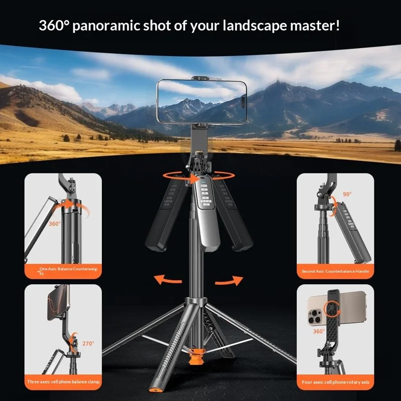T05TK Bluetooth-compatible Tripod Selfie Stick with V2 Fill Lights Auto-Open Gimbal Stabilizer Remote Control Phone Stand for Photography - Black