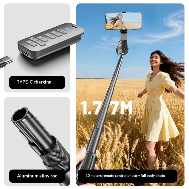 T05TK Bluetooth-compatible Tripod Selfie Stick with F1 Fill Light Auto-Open Gimbal Stabilizer Remote Control Phone Stand for Photography - Black