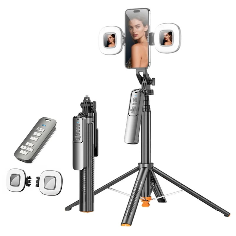 T05TK Bluetooth-compatible Tripod Selfie Stick with F2 Fill Lights Auto-Open Gimbal Stabilizer Remote Control Phone Stand for Photography - Black