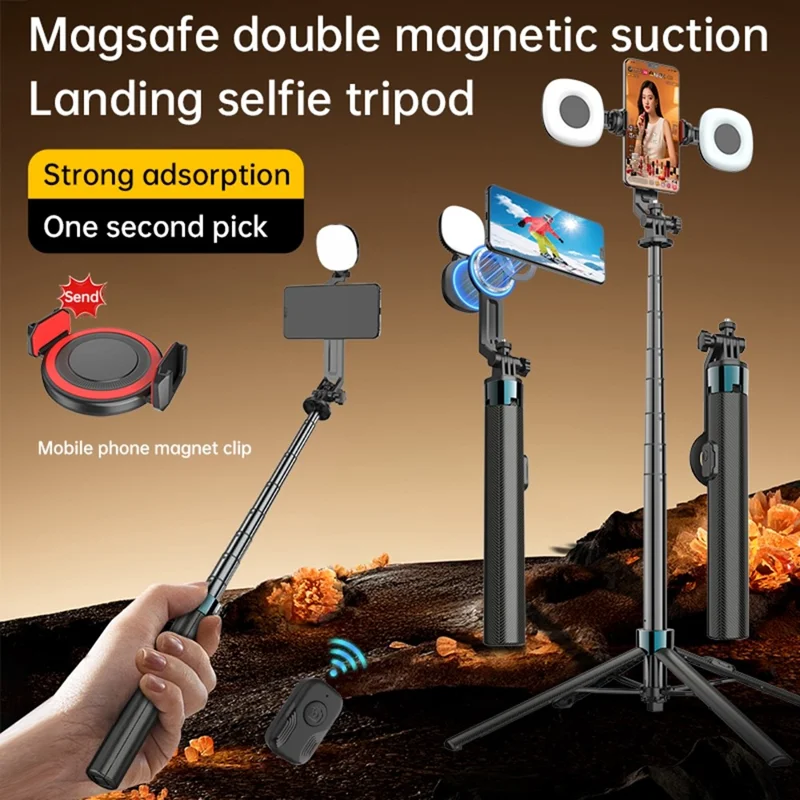 K14 Bluetooth-compatible Selfie Stick Tripod 1.7m Extendable Remote Control Compatible with MagSafe Magnetic Phone Stand for Live Streaming - Black