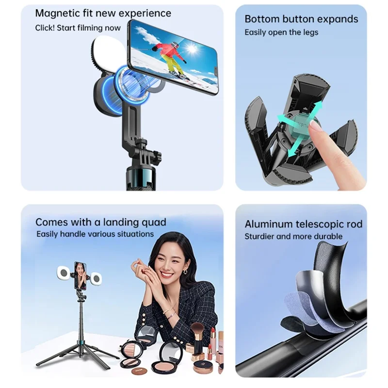 K14 Bluetooth-compatible Selfie Stick Tripod 1.7m Extendable Remote Control Compatible with MagSafe Magnetic Phone Stand for Live Streaming - Black