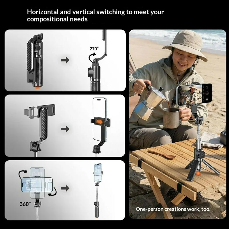 T01S Selfie Stick Tripod 3-in-1 Extendable Bluetooth-compatible Remote Phone Holder Stand for Live Streaming - Black