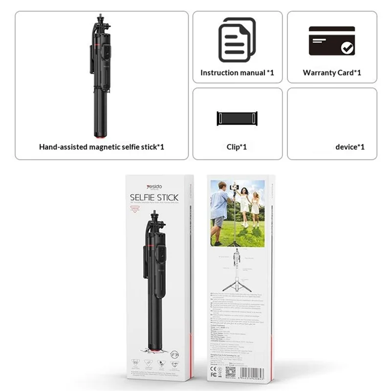 YESIDO SF34 Selfie Stick Tripod 1 / 4 Inch Thread Mount Bluetooth-compatible Remote Control Extendable Holder Stand for Phone Camera - Black