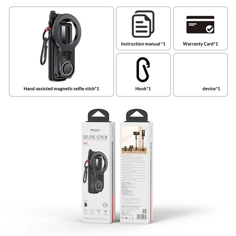 YESIDO SF35 Handheld Magnetic Selfie Stick Bluetooth-compatible Remote Control Telescopic Tripod Stand - Black