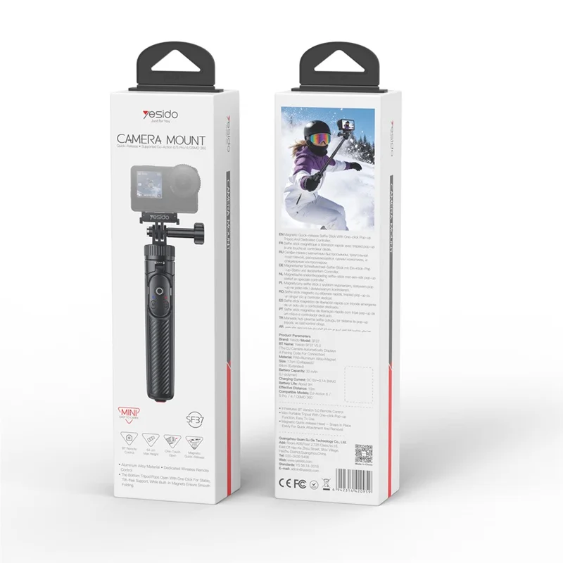 YESIDO SF37 Magnetic Selfie Stick for DJI Osmo Action 6 / 5 Pro / 4 / Osmo 360 Bluetooth-compatible Remote Control Telescopic Tripod - Black