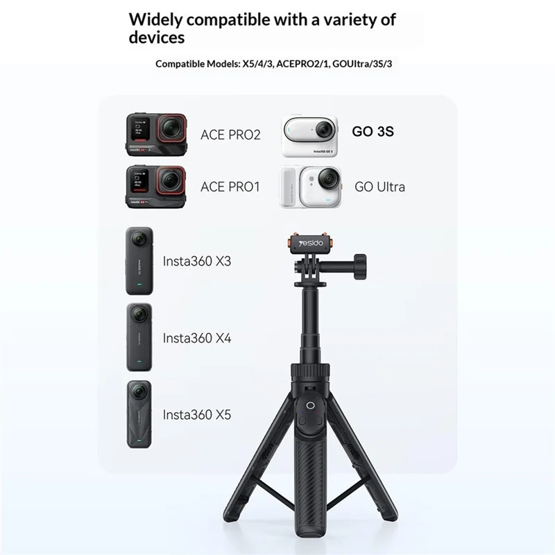 YESIDO SF38 Magnetic Quick-Release Selfie Stick for Insta360 X5 / X4 / X3 / Ace Pro 2 / Ace Pro Remote Control Telescoping Tripod - Black