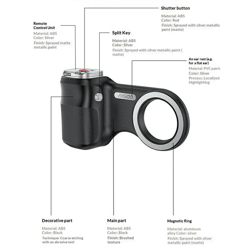 YESIDO SF39 Magnetic Phone Camera Grip with Bluetooth-compatible Remote Shutter for Photography - Black