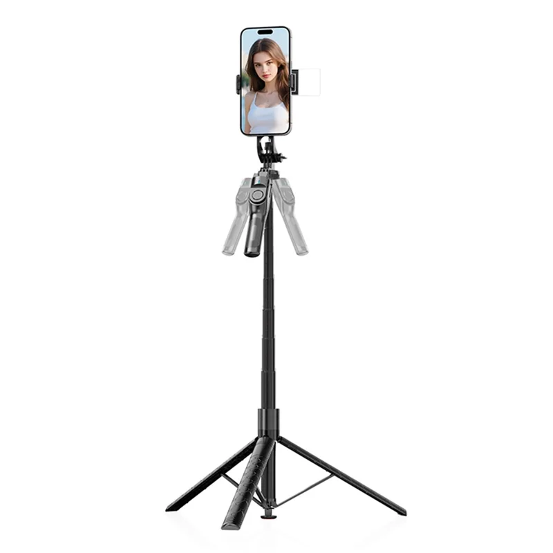 K51 185cm Auto-Open Tripod with Single Phone Holder + A1 Fill Light Bluetooth-compatible Selfie Stick for Live Streaming - Black