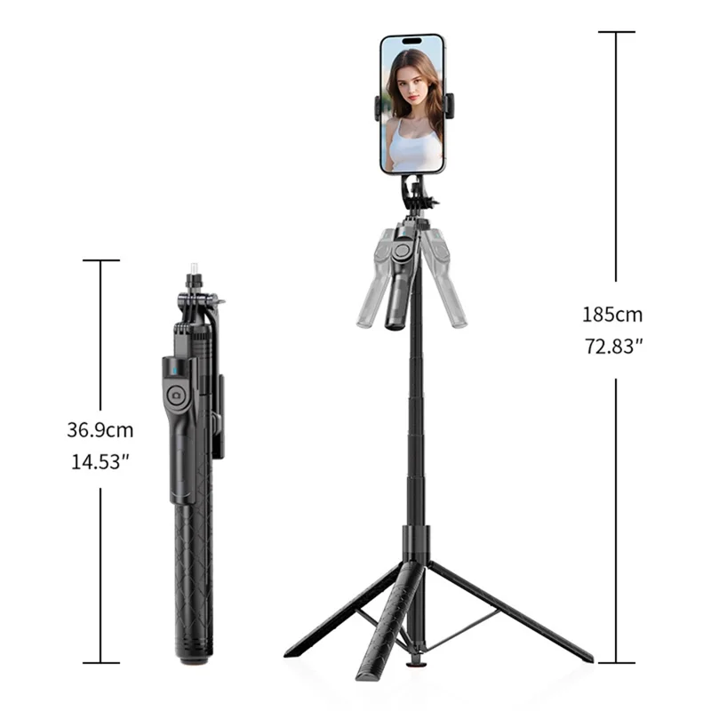 K51 185cm Auto-Open Tripod with Single Phone Holder + A1 Fill Light Bluetooth-compatible Selfie Stick for Live Streaming - Black
