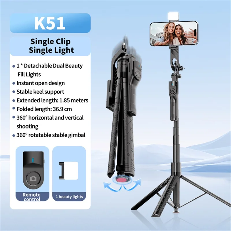 K51 185cm Auto-Open Tripod with Single Phone Holder + A1 Fill Light Bluetooth-compatible Selfie Stick for Live Streaming - Black