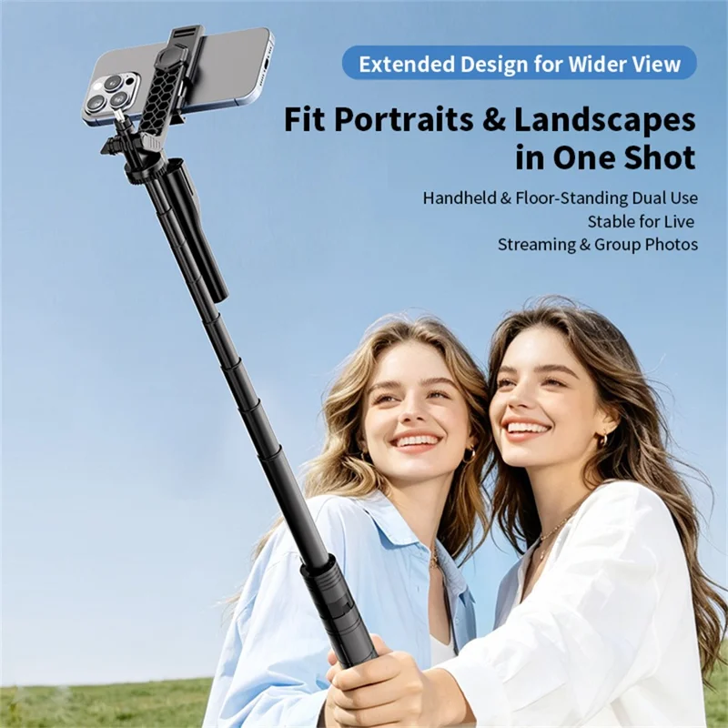 K51 185cm Auto-Open Tripod with Single Phone Holder + A1 Fill Light Bluetooth-compatible Selfie Stick for Live Streaming - Black